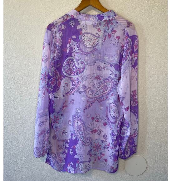 Susan Garver Paisley Floral Boho Purple Pleated Long Sleeve Tunic Blouse Medium - Picture 2 of 12